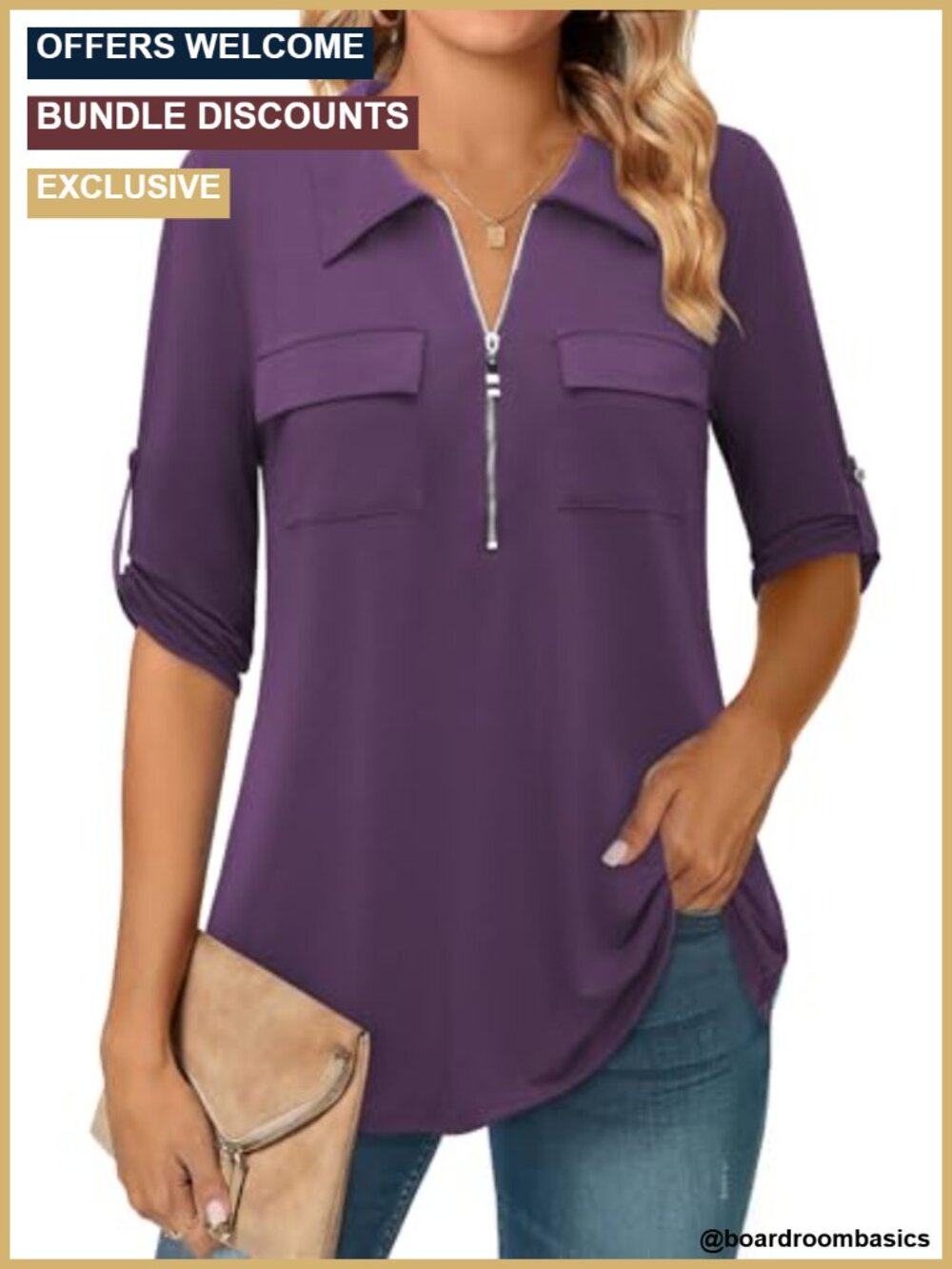 Women's 3/4 Sleeve Collared Blouse Business Casual Zip Front V-Neck Tunic Top